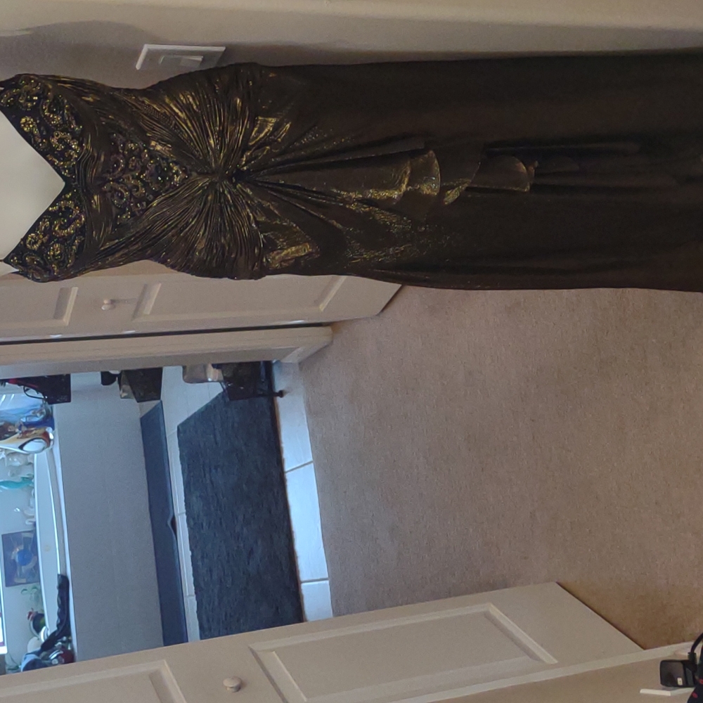 Mac Duggal Couture silk beaded sequin draped metallic gold long dress si…
